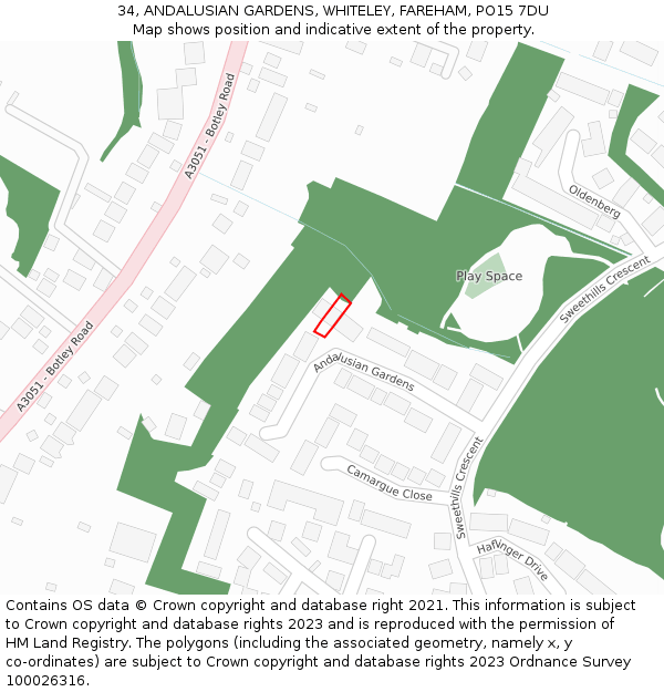 34, ANDALUSIAN GARDENS, WHITELEY, FAREHAM, PO15 7DU: Location map and indicative extent of plot