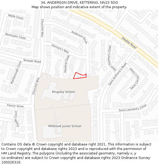 34, ANDERSON DRIVE, KETTERING, NN15 5DG: Location map and indicative extent of plot