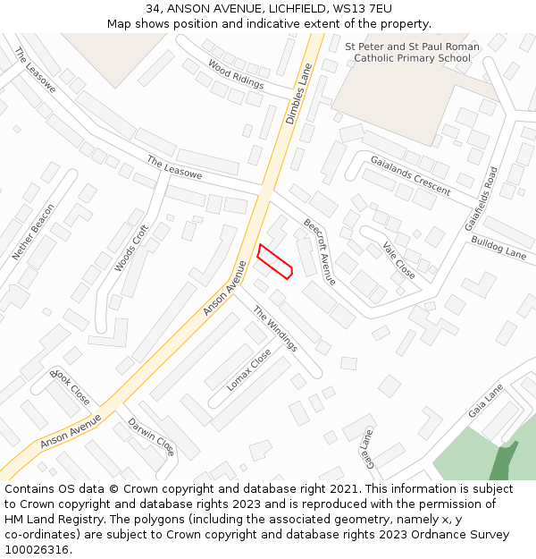 34, ANSON AVENUE, LICHFIELD, WS13 7EU: Location map and indicative extent of plot