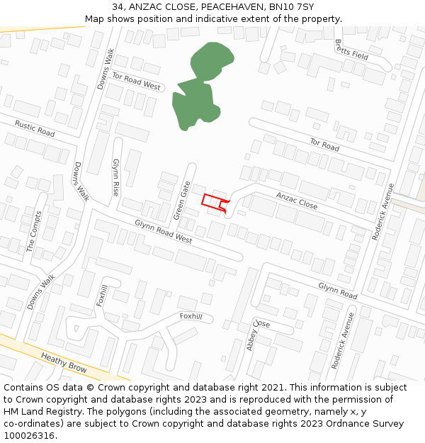 34, ANZAC CLOSE, PEACEHAVEN, BN10 7SY: Location map and indicative extent of plot