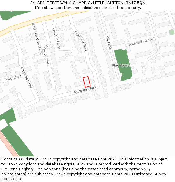 34, APPLE TREE WALK, CLIMPING, LITTLEHAMPTON, BN17 5QN: Location map and indicative extent of plot