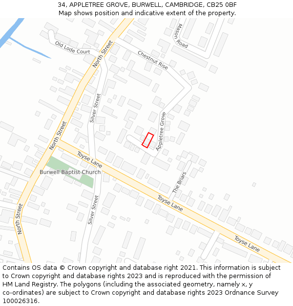 34, APPLETREE GROVE, BURWELL, CAMBRIDGE, CB25 0BF: Location map and indicative extent of plot