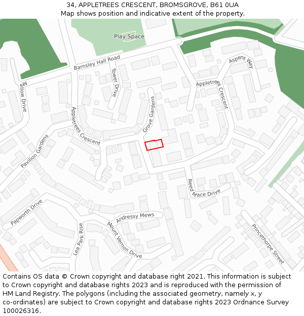 34, APPLETREES CRESCENT, BROMSGROVE, B61 0UA: Location map and indicative extent of plot