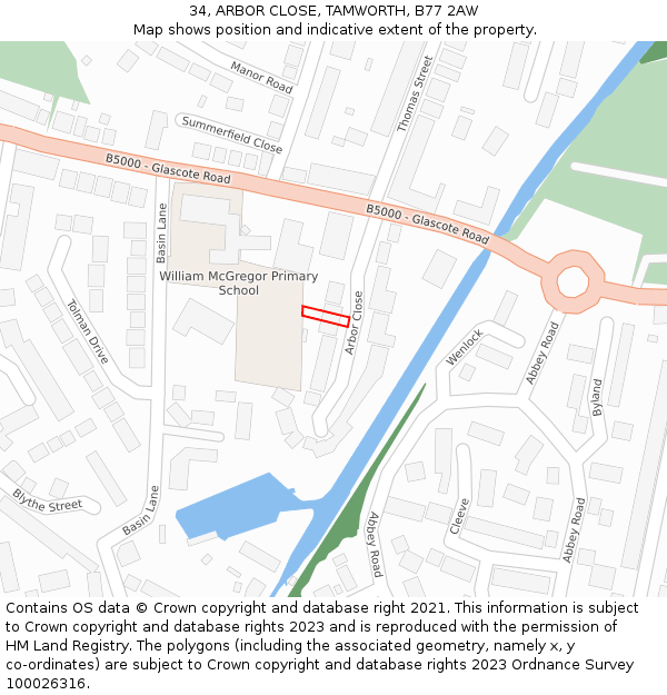 34, ARBOR CLOSE, TAMWORTH, B77 2AW: Location map and indicative extent of plot