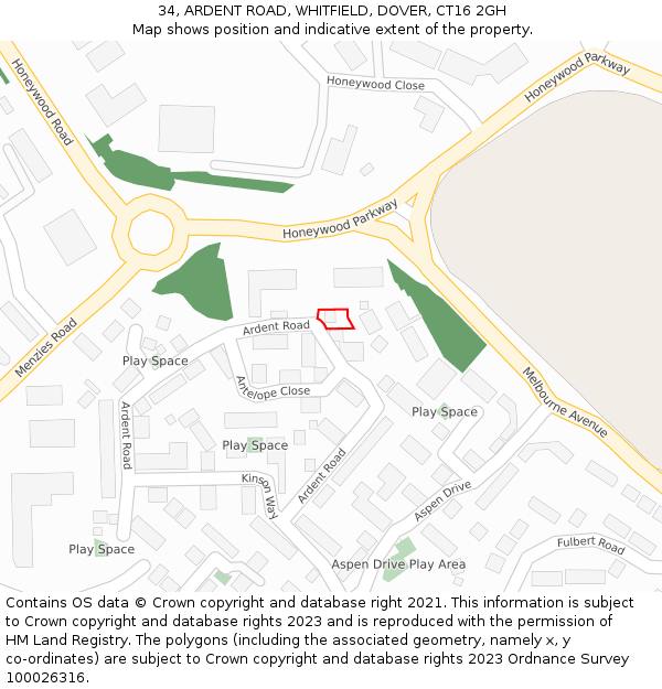 34, ARDENT ROAD, WHITFIELD, DOVER, CT16 2GH: Location map and indicative extent of plot