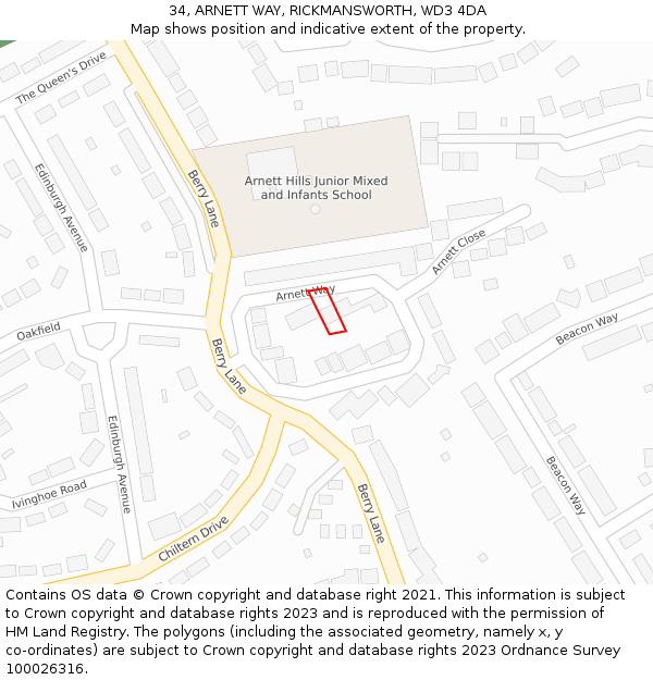 34, ARNETT WAY, RICKMANSWORTH, WD3 4DA: Location map and indicative extent of plot