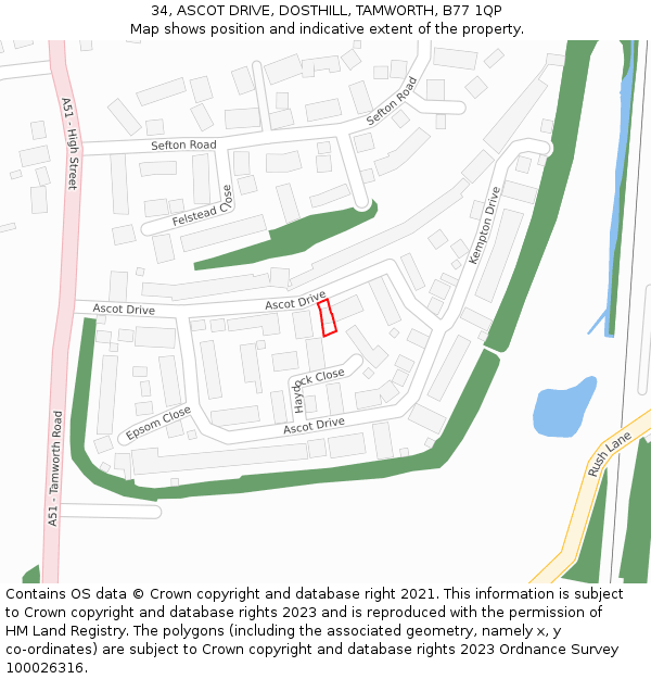 34, ASCOT DRIVE, DOSTHILL, TAMWORTH, B77 1QP: Location map and indicative extent of plot