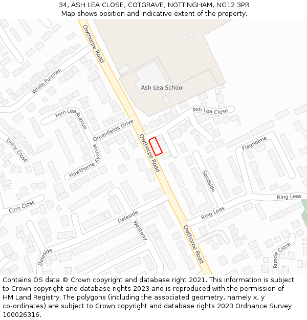 34, ASH LEA CLOSE, COTGRAVE, NOTTINGHAM, NG12 3PR: Location map and indicative extent of plot