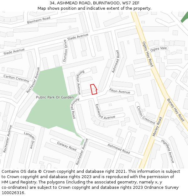 34, ASHMEAD ROAD, BURNTWOOD, WS7 2EF: Location map and indicative extent of plot