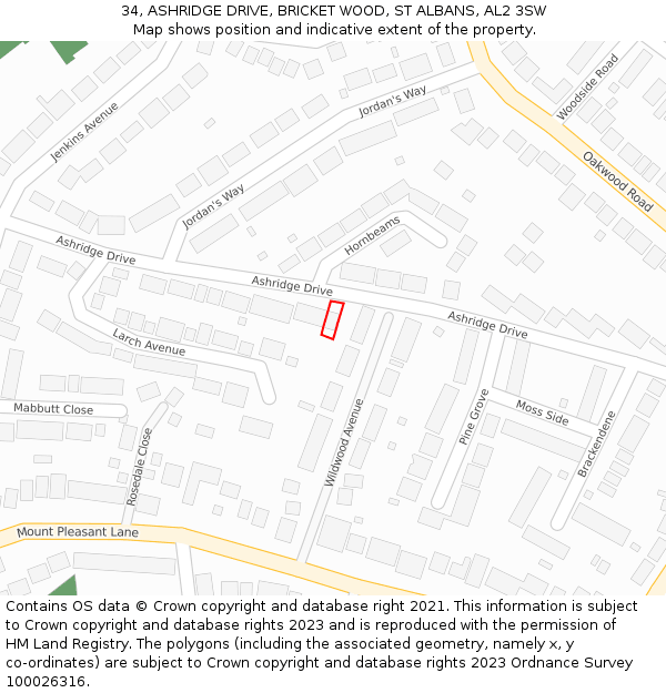 34, ASHRIDGE DRIVE, BRICKET WOOD, ST ALBANS, AL2 3SW: Location map and indicative extent of plot