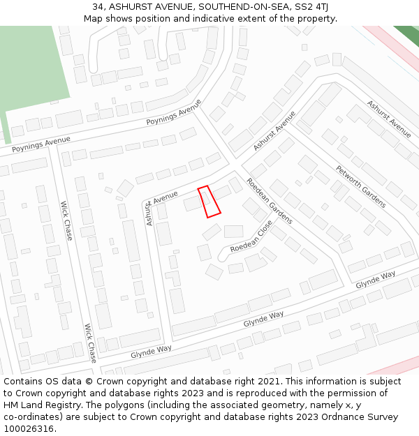 34, ASHURST AVENUE, SOUTHEND-ON-SEA, SS2 4TJ: Location map and indicative extent of plot