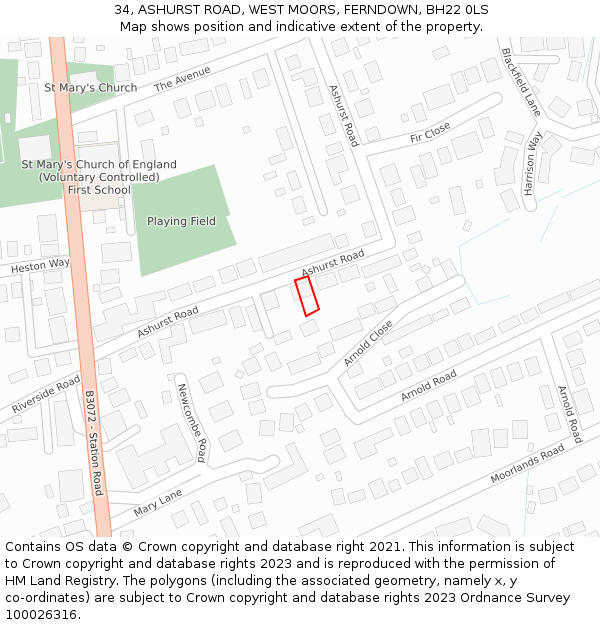 34, ASHURST ROAD, WEST MOORS, FERNDOWN, BH22 0LS: Location map and indicative extent of plot