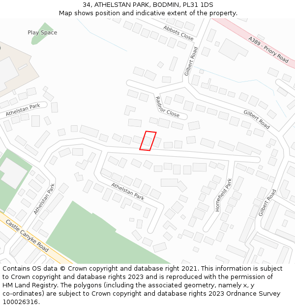 34, ATHELSTAN PARK, BODMIN, PL31 1DS: Location map and indicative extent of plot