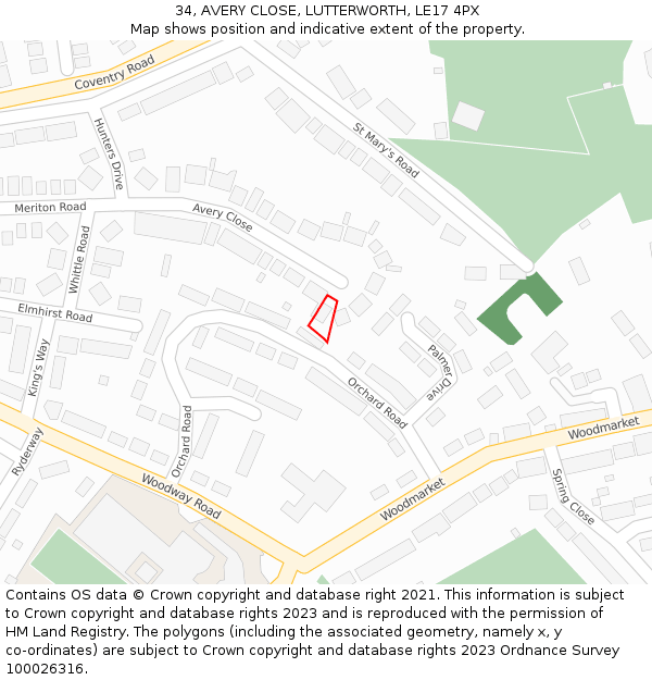 34, AVERY CLOSE, LUTTERWORTH, LE17 4PX: Location map and indicative extent of plot