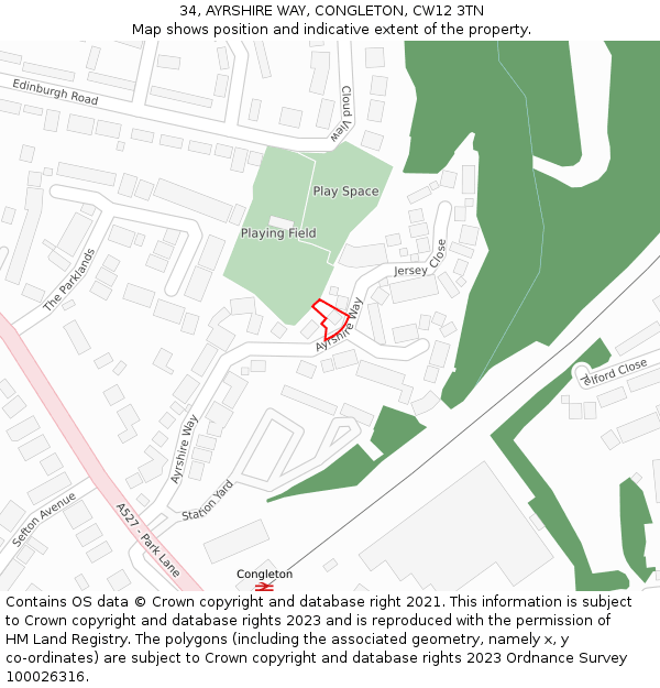 34, AYRSHIRE WAY, CONGLETON, CW12 3TN: Location map and indicative extent of plot