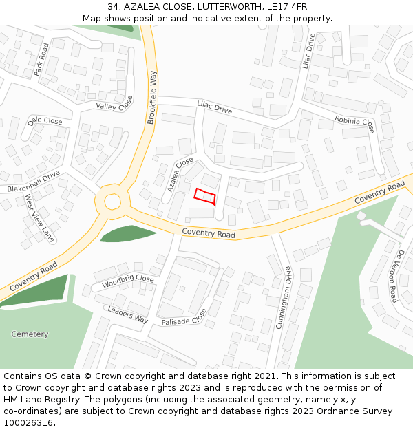 34, AZALEA CLOSE, LUTTERWORTH, LE17 4FR: Location map and indicative extent of plot