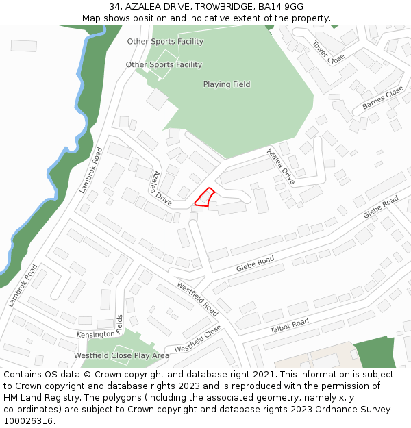 34, AZALEA DRIVE, TROWBRIDGE, BA14 9GG: Location map and indicative extent of plot