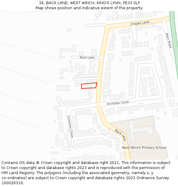 34, BACK LANE, WEST WINCH, KING'S LYNN, PE33 0LF: Location map and indicative extent of plot