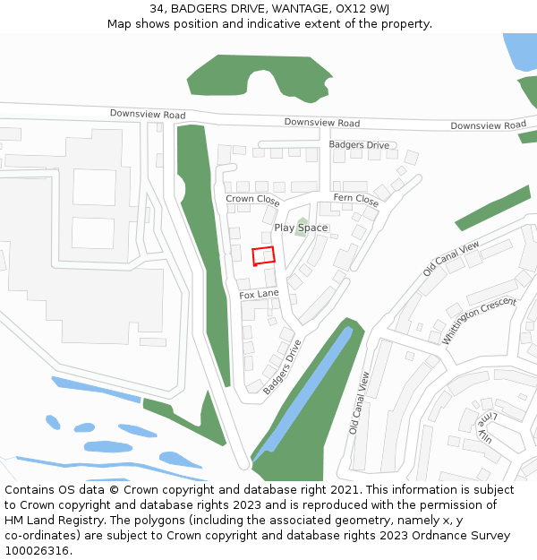 34, BADGERS DRIVE, WANTAGE, OX12 9WJ: Location map and indicative extent of plot