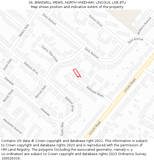 34, BAKEWELL MEWS, NORTH HYKEHAM, LINCOLN, LN6 8TU: Location map and indicative extent of plot