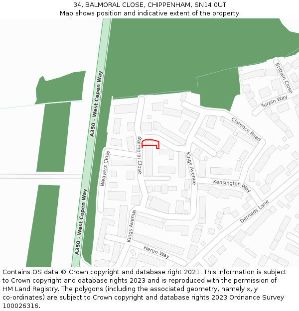 34, BALMORAL CLOSE, CHIPPENHAM, SN14 0UT: Location map and indicative extent of plot