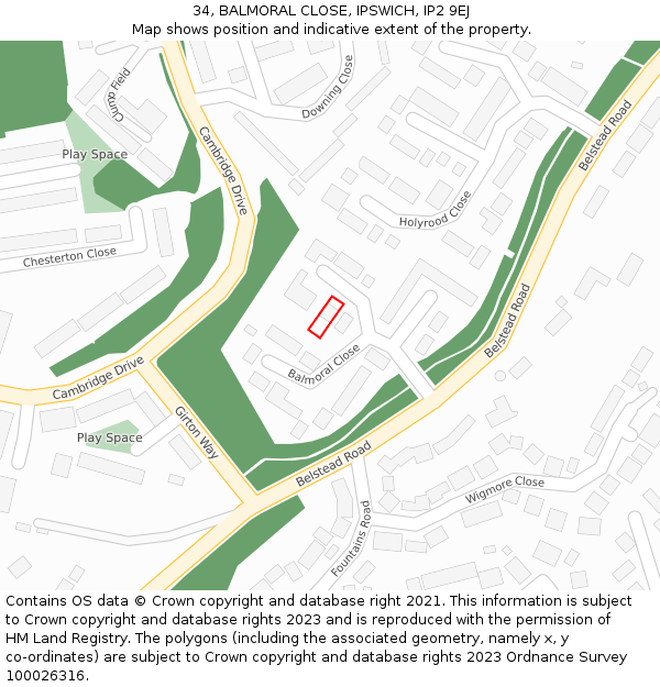 34, BALMORAL CLOSE, IPSWICH, IP2 9EJ: Location map and indicative extent of plot