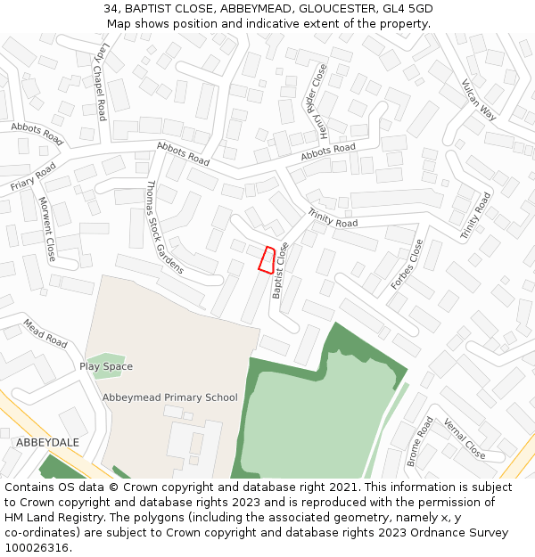 34, BAPTIST CLOSE, ABBEYMEAD, GLOUCESTER, GL4 5GD: Location map and indicative extent of plot