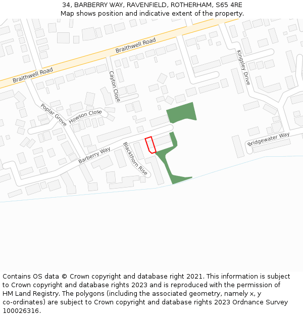 34, BARBERRY WAY, RAVENFIELD, ROTHERHAM, S65 4RE: Location map and indicative extent of plot