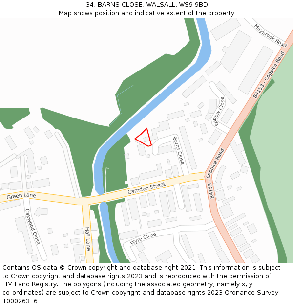 34, BARNS CLOSE, WALSALL, WS9 9BD: Location map and indicative extent of plot