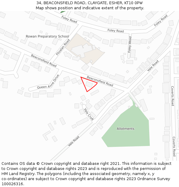 34, BEACONSFIELD ROAD, CLAYGATE, ESHER, KT10 0PW: Location map and indicative extent of plot