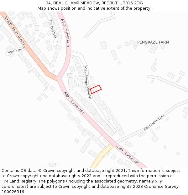34, BEAUCHAMP MEADOW, REDRUTH, TR15 2DG: Location map and indicative extent of plot