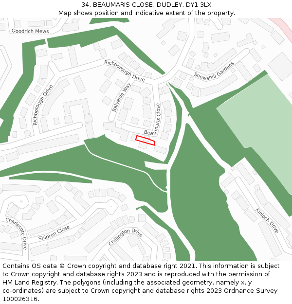 34, BEAUMARIS CLOSE, DUDLEY, DY1 3LX: Location map and indicative extent of plot