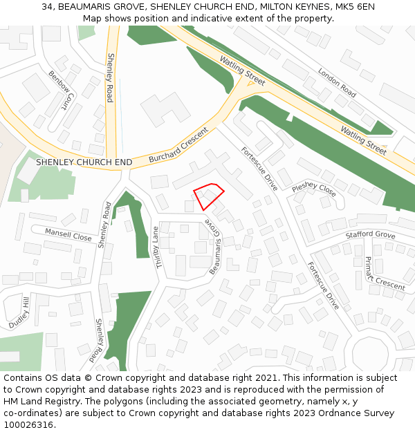 34, BEAUMARIS GROVE, SHENLEY CHURCH END, MILTON KEYNES, MK5 6EN: Location map and indicative extent of plot