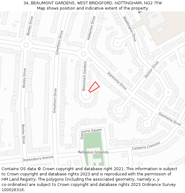 34, BEAUMONT GARDENS, WEST BRIDGFORD, NOTTINGHAM, NG2 7FW: Location map and indicative extent of plot