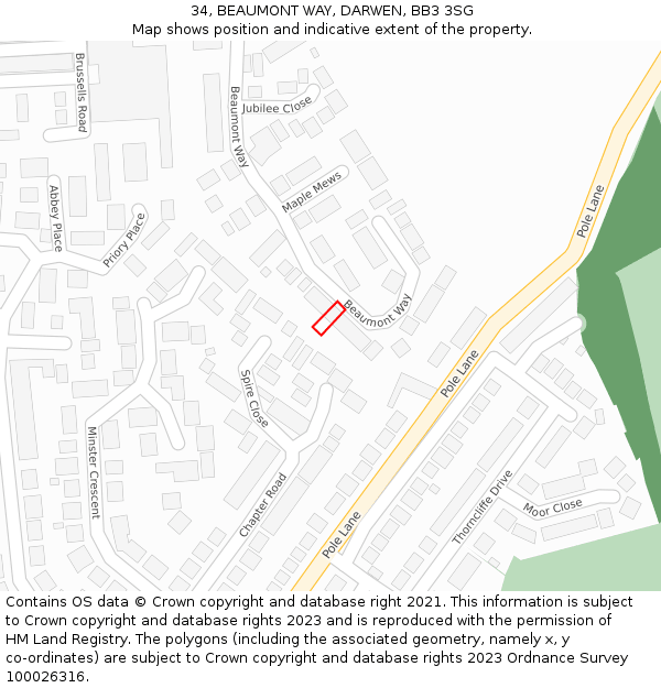 34, BEAUMONT WAY, DARWEN, BB3 3SG: Location map and indicative extent of plot