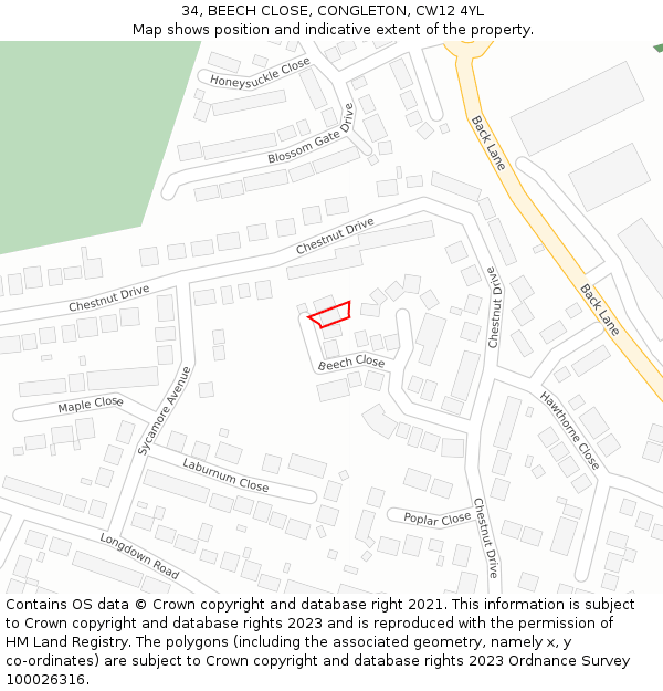 34, BEECH CLOSE, CONGLETON, CW12 4YL: Location map and indicative extent of plot