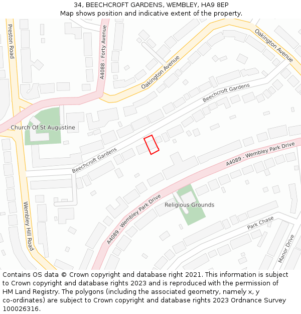 34, BEECHCROFT GARDENS, WEMBLEY, HA9 8EP: Location map and indicative extent of plot