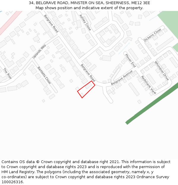 34, BELGRAVE ROAD, MINSTER ON SEA, SHEERNESS, ME12 3EE: Location map and indicative extent of plot
