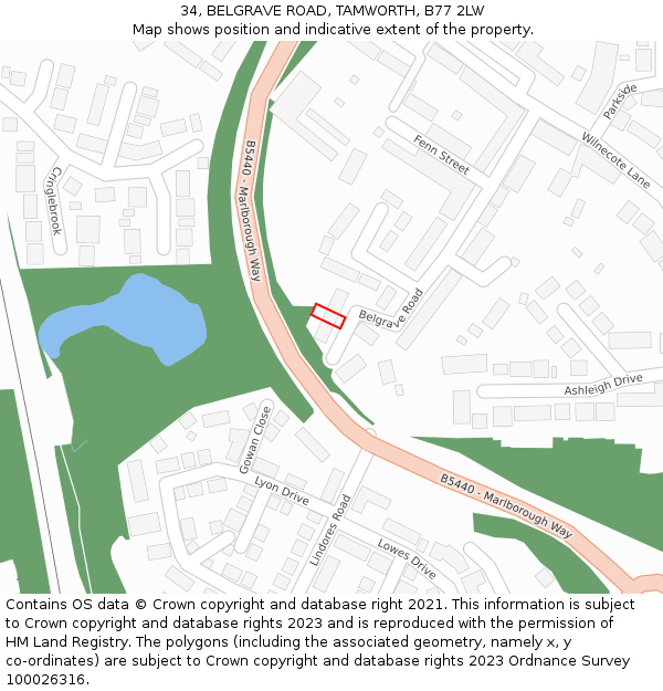 34, BELGRAVE ROAD, TAMWORTH, B77 2LW: Location map and indicative extent of plot