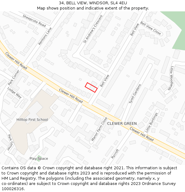 34, BELL VIEW, WINDSOR, SL4 4EU: Location map and indicative extent of plot