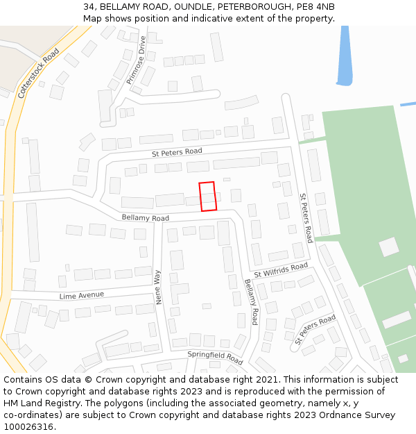 34, BELLAMY ROAD, OUNDLE, PETERBOROUGH, PE8 4NB: Location map and indicative extent of plot