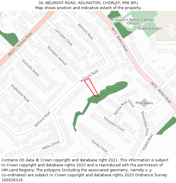 34, BELMONT ROAD, ADLINGTON, CHORLEY, PR6 9PU: Location map and indicative extent of plot