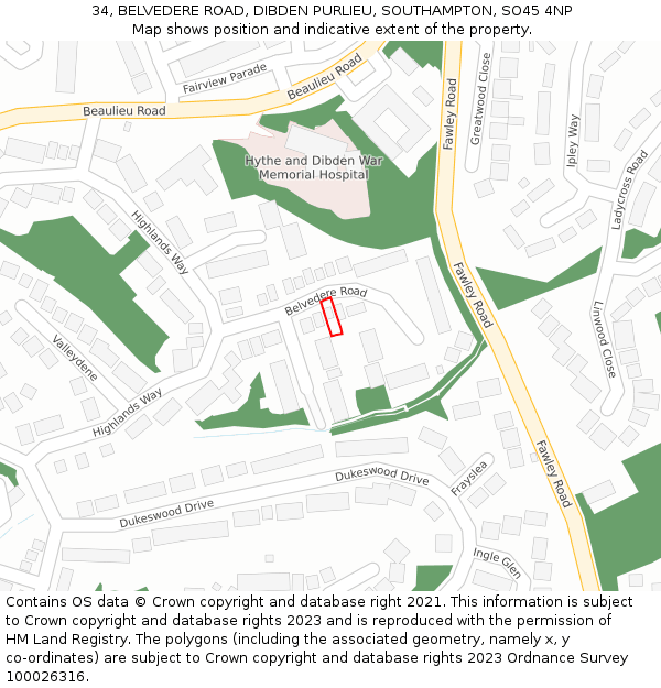 34, BELVEDERE ROAD, DIBDEN PURLIEU, SOUTHAMPTON, SO45 4NP: Location map and indicative extent of plot