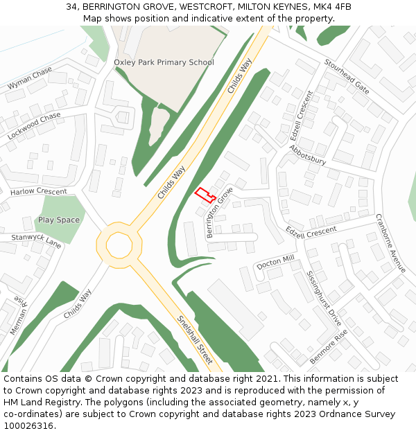 34, BERRINGTON GROVE, WESTCROFT, MILTON KEYNES, MK4 4FB: Location map and indicative extent of plot