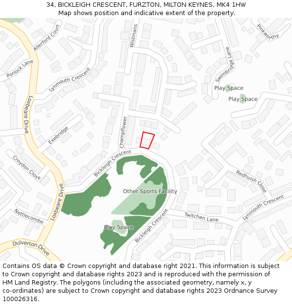 34, BICKLEIGH CRESCENT, FURZTON, MILTON KEYNES, MK4 1HW: Location map and indicative extent of plot