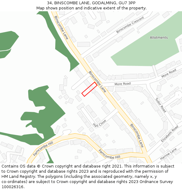 34, BINSCOMBE LANE, GODALMING, GU7 3PP: Location map and indicative extent of plot