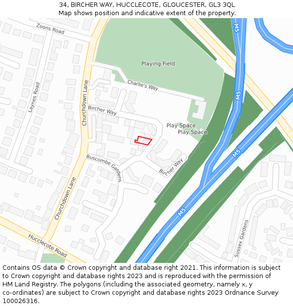 34, BIRCHER WAY, HUCCLECOTE, GLOUCESTER, GL3 3QL: Location map and indicative extent of plot