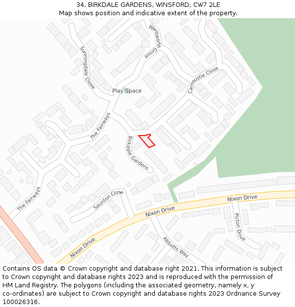 34, BIRKDALE GARDENS, WINSFORD, CW7 2LE: Location map and indicative extent of plot