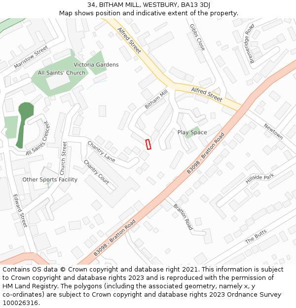 34, BITHAM MILL, WESTBURY, BA13 3DJ: Location map and indicative extent of plot