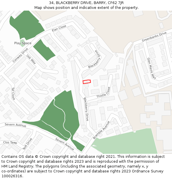 34, BLACKBERRY DRIVE, BARRY, CF62 7JR: Location map and indicative extent of plot